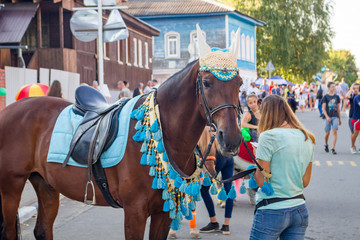 Borovsk, Russia - August 18, 2018: Celebration of the 660th anniversary of the city of Borovsk. Beautifully dressed riding horse