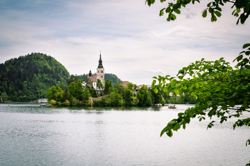 Church with the towen on the island at lake Bled, Slovenia