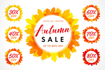 Set of autumn sale lable in frame on orange maple leaves. Fall sale 30, 40, 50, 60, 70, 80% off background, special offer for promotion banner or flyer design. Vector illustration