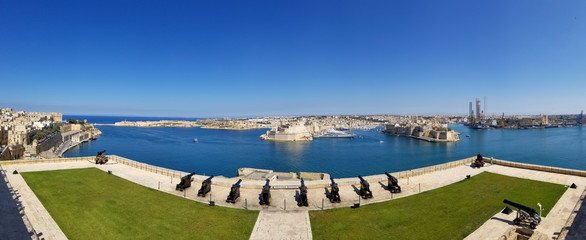 Panoramic view of Saluting Battery from Upper Barrakka Gardens in Valletta, Malta