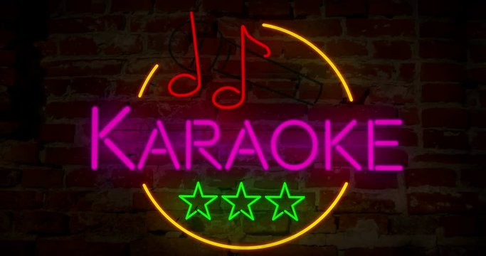 Karaoke neon retro animation intro. Abstract 3D flight over electric lettering on brick wall background. Live sing event advertising in motion rendering.