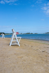 Lifeguard stands on empty beach in Hingham MA
