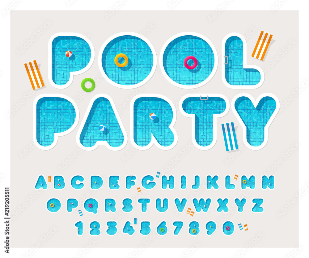 Fototapete vector pool font. rounded letters fulled with water. latin alphabet from a to z and numbers from 0 t