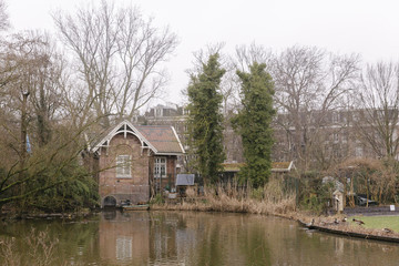 Fototapeta premium House by a Pond with Ducks in Downtown Amsterdam, the Netherlands
