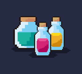 pixelated potion bottles over black background, colorful design. vector illustration