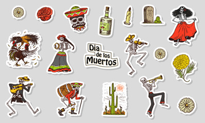 Fototapeta premium Dancing Skeletons. Day of the dead stickers. Mexican national holiday. Original inscription in Spanish Dia de los Muertos. Play the violin, trumpet and guitar. Hand drawn engraved sketch.
