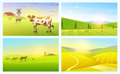 Rural landscape or meadow. Farm Agriculture. Vector illustration. Poster with Countryside, retro village for info graphic, websites. Windmill and hay. Summer morning background. Tuscany and dawn.