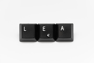 Black keys of keyboard with different years, words, names