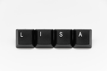 Black keys of keyboard with different years, words, names