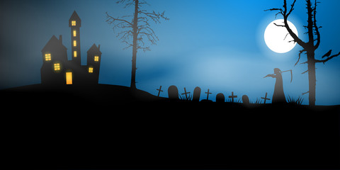 Scary vector haloween landscape with haunted house, graveyard and a death with scythe in full moon.