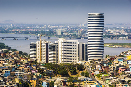Aerial view of Guayaquil city in Ecuador. Buildings from Puerto Santa Ana and the Guayas river are in the background. 