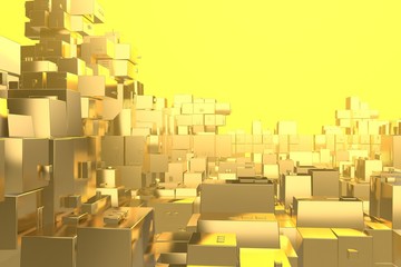 Wealth rich concept idea Golden city at sunset rays Abstract space background.3D illustration rendering