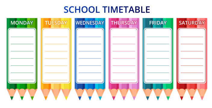 Template school timetable for students or pupils with days of week and free spaces for notes. Vector illustration.