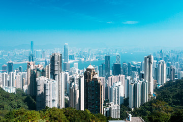 Hong Kong skyline on Victoria Peak during mid day sun