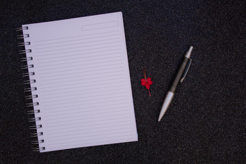 NOTEBOOK WITH BLANK PAGE WITH RED FLOWER AND BLACK PEN ON BLACK GLITTER BACKGROUND