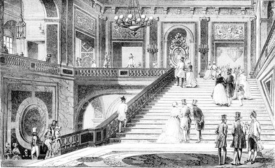 Marmurowe schody w zamku w Wersalu, vintage grawerowanie. - 219217566