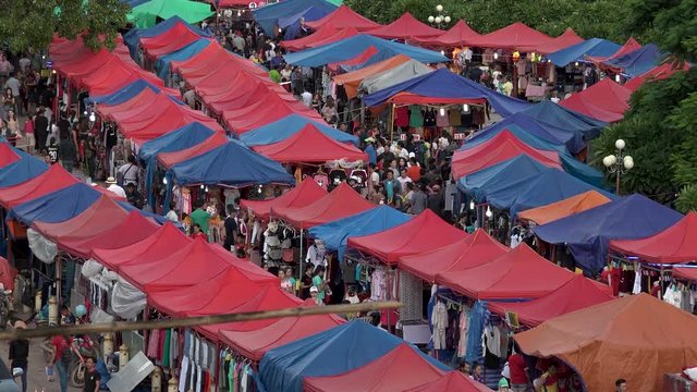 VIENTIANE,  LAOS - CIRCA AUGUST 2018 : Scenery of NIGHT MARKET at the riverside of MEKONG RIVER.