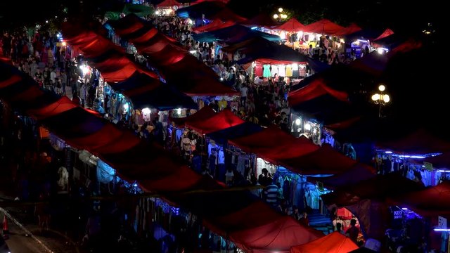 VIENTIANE,  LAOS - CIRCA AUGUST 2018 : Scenery of NIGHT MARKET at the riverside of MEKONG RIVER.
