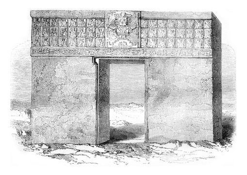 Tiahuanaco monolithic gate, By the lake of Chiquito, in Peru, vintage engraving.