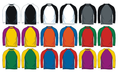 colorful blank raglan long sleeve t shirt templates. Vector image.