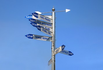 Direction arrows signpost with distance to many different cities in the world.