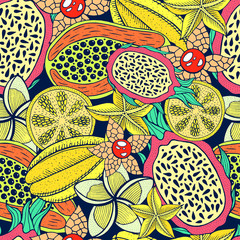 Tropical exotic fruits - seamless pattern. Doodle graphic art background. Vector illustration