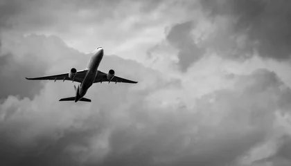 Foto op Canvas Commercial airplane on grey sky and clouds with copy space. Failed vacation. Hopeless and despair concept. Moody sky and transport plane. Sad emotional scene. Background of aircraft flight. © Artinun