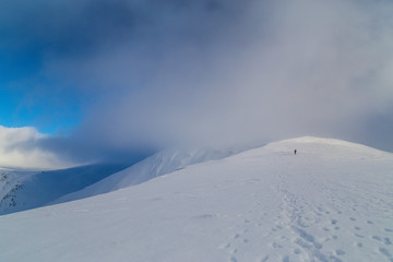 Winter alpine scenery with fresh snow, mist, and beautiful evening light