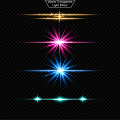Obraz premium Set of glowing light effect. Realistic Lens and sparkles light. Isolated on black transparent background. Star burst with sparkles. vector illustration