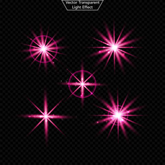 Set of glowing light effect. 	 Realistic Lens and sparkles light. Isolated on black transparent background. Star burst with sparkles. vector illustration