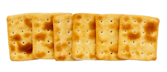 row of roasted biscuits of uneven shape without sugar isolated on white background