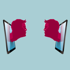 Face to face communication, the head sticks out of the tablet. The background is blue.