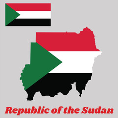 Map outline and flag of Sudan, A horizontal tricolor of red, white, and black; with a green triangle based at the hoist. with name text Republic of Sudan.