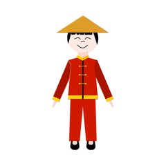 Chinese origami style boy on white background. A young guy in traditional Chinese costume red color. Eliments for design in paper style for the new banners, holiday posters, thematic posters. Vector.