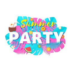Fototapeta premium Word PARTY summer composition with creative pink and blue jungle leaves fruits and coctail in paper cut style. Tropical craft design for your poster, banner, flyer T-shirt printing. Vector