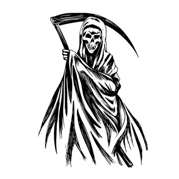 Hand Inked Grim Reaper Illustration black and white