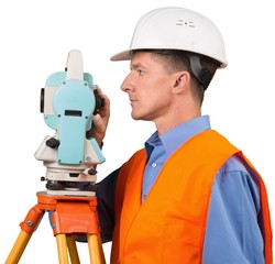 Portrait of a Land Surveyor Working with Modern Theodolite