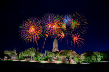 Ruined Buddhist temple with fireworks