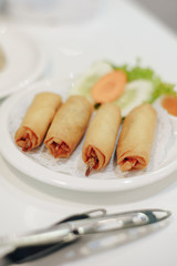 Spring Rolls with Porks and Shrimps in white dish at restuarant