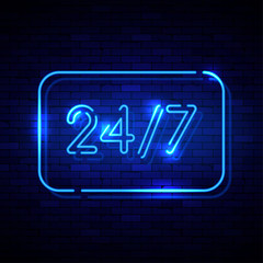 24 7 neon sign on the brick wall. Vector Illustration