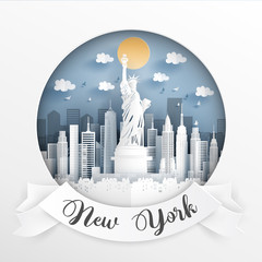 Obraz premium Paper cut style of world famous landmark of New York city, America with white frame and label. Travel postcard and poster, brochure, advertising. Vector illustration.