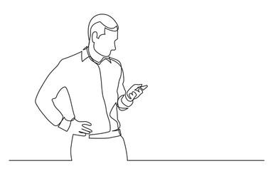 continuous line drawing of standing man checking mobile phone
