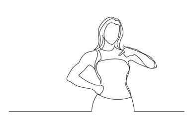 continuous line drawing of standing woman pointing at herself