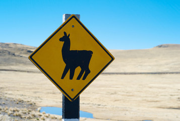 Road Sign Llama Crossing in an Altiplano Landscape in Peru