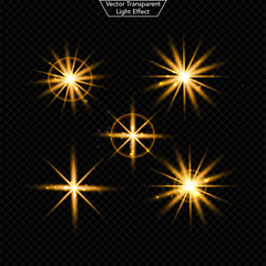 Set of glowing light effect. Realistic Lens and sparkles light. Isolated on black transparent background. Star burst with sparkles. vector illustration