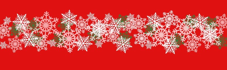 Obraz na płótnie Canvas horizontal winter Christmas snowflake wide border on Red Background