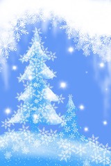 winter snow covered trees illustration background with snow and lights horizontal border design in blues