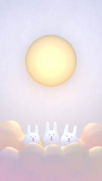 Chinese Mid Autumn Festival design. Cute rabbits under big full moon. 3d rendering picture.