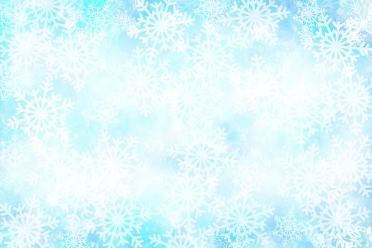 Winter Wonderland Snowflake snowy glitter bokeh background with border of snowflakes and lights in blues