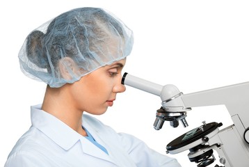 Scientist Working with Microscope isolated on white background